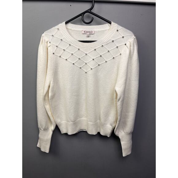 Nanette‎ Lepore Crystal Sweater Womens Large Cream Embellished Balloon Sleeves - Picture 1 of 7